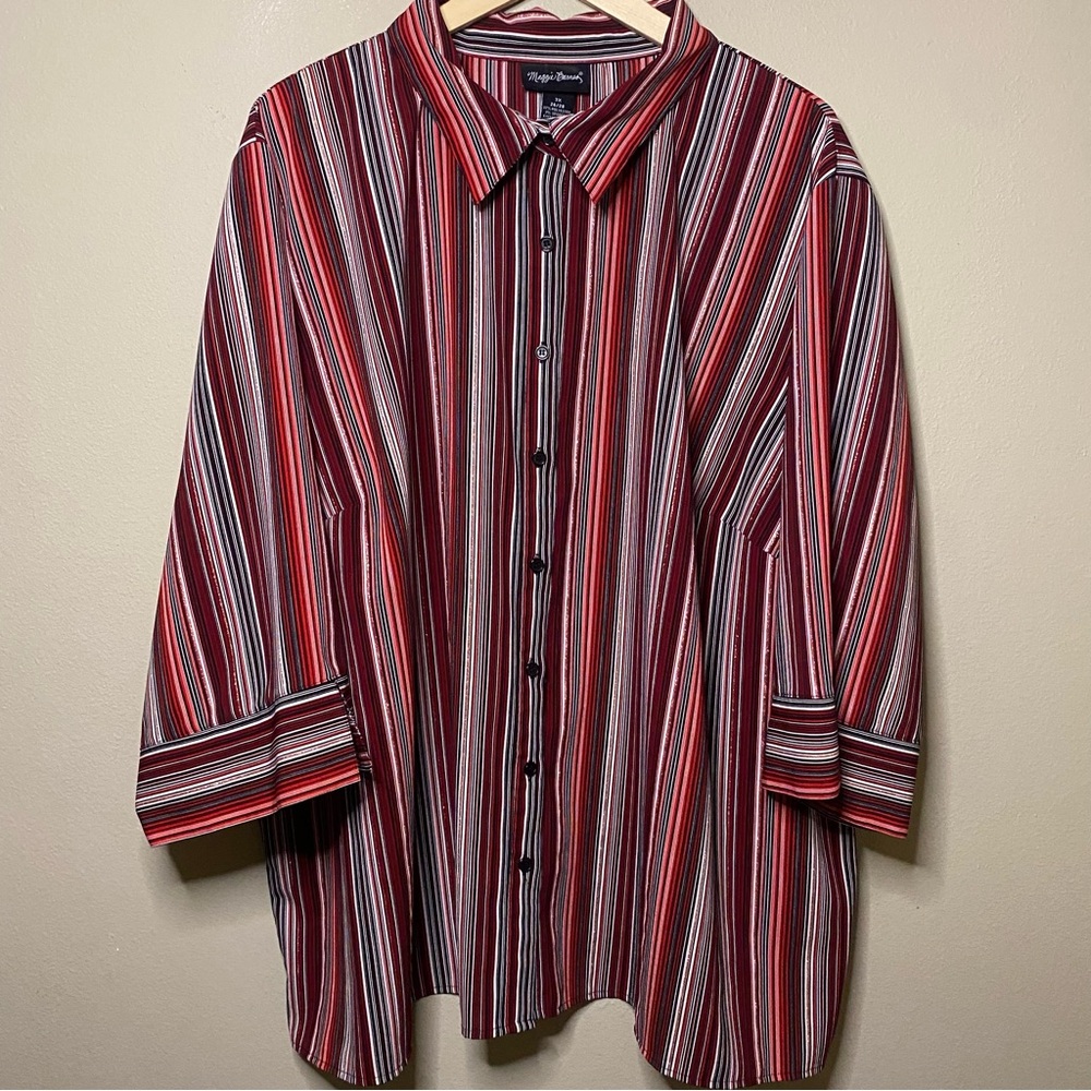 Maggie Barnes Blouse Women 3X 26/28 Red Black Metallic Striped Button Front